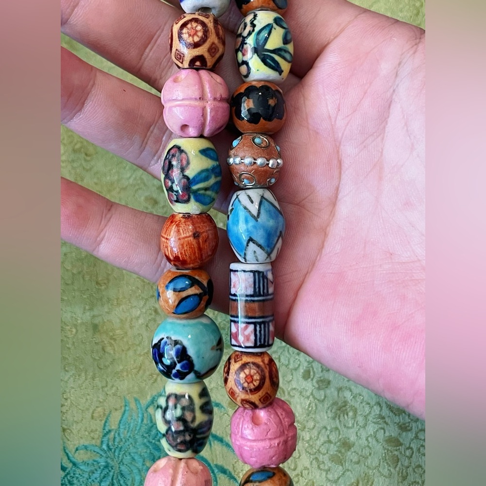 Vintage Handcrafted Chinese Porcelain Bead Necklace Ceramic Enamel Floral - Picture 5 of 12